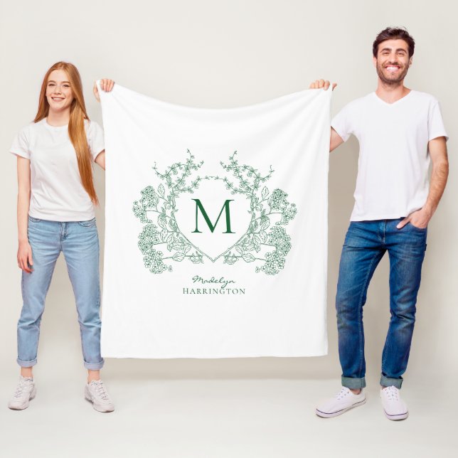 Antikes Smaragdgrün Florales Wappen Monogramm Fleecedecke (Beispiel)