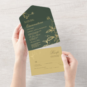 Antikes Smaragdgrün goldene elegante Quinceañera All In One Einladung