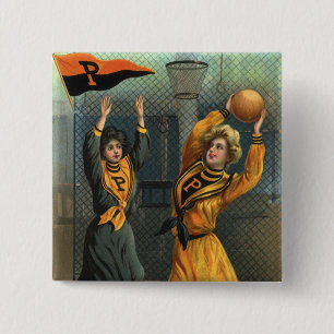 Antikes Sportfoto, Damen-Basketballteam bei einem  Button