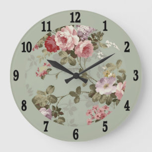Antikes staubiges olivgrünes florales Design Große Wanduhr