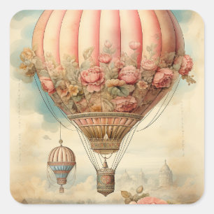 Antikes Steampunk-Rosa-Blumenmuster-Heißluftballon Quadratischer Aufkleber