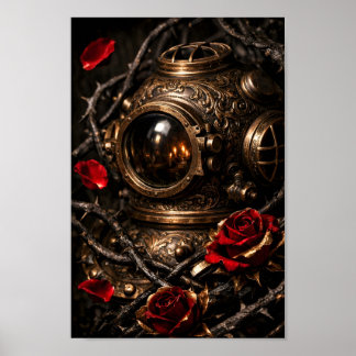 Antikes Steampunk-Taucherhelm Rote Rose Gothic Art Poster
