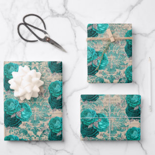 Antikes Teal Silber Blumen-Damaskus-Muster Geschenkpapier Set
