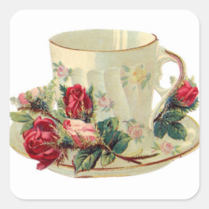 Antikes Teetassen- und Rosen-Sticker Quadratischer Aufkleber
