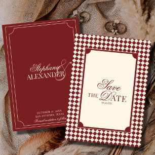 Antikes Tiefrotes Kariertes Old Money Hochzeit Save The Date