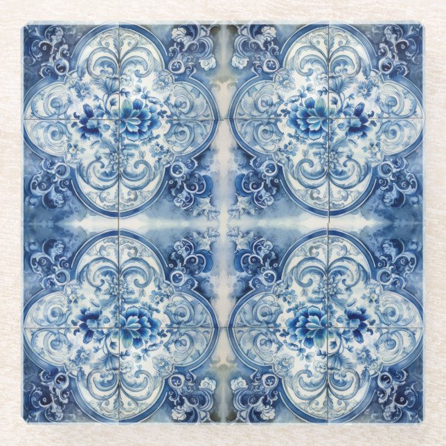 Antikes Tile in Delft Blue Glasuntersetzer (Vorderseite)