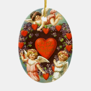 Antikes Valentinsgruß 3 Cupidos und rote Herzen Keramik Ornament