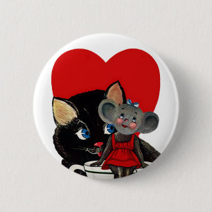 Antikes Valentinstag, Katze Maus Teetasse Herz Button