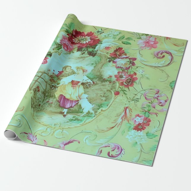 Antikes Viktorianisches Toiläum Grüne Decoupage Geschenkpapier (Ungerollt)