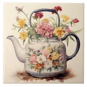 Antikes Wasserfarben-Teekessel mit Blumen Fliese