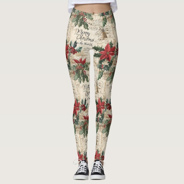 Antikes Weihnachts-Stechpalmen-Muster Leggings (Vorderseite)