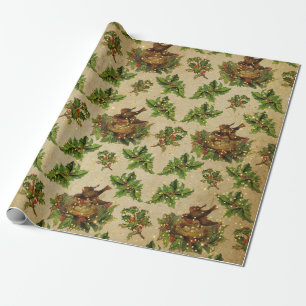 Antikes Weihnachtsgrünes Vogelnest Geschenkpapier