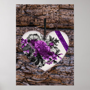 Antikes Weiß Lila Florales Herz auf dunklem Holz Poster