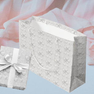 Antikes Weiß Silber Grau Floral Toile Schleifen Große Geschenktüte