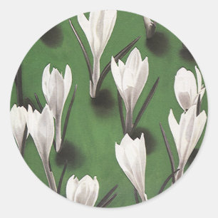 Antikes weißes Krokus-Blumenmuster, Gartenblume Runder Aufkleber