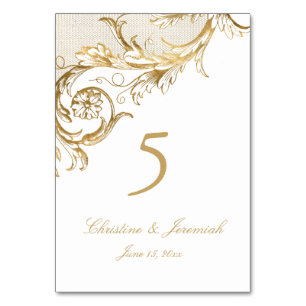 Antikes Weißgold Floral Damast Schrift Hochzeit Tischnummer