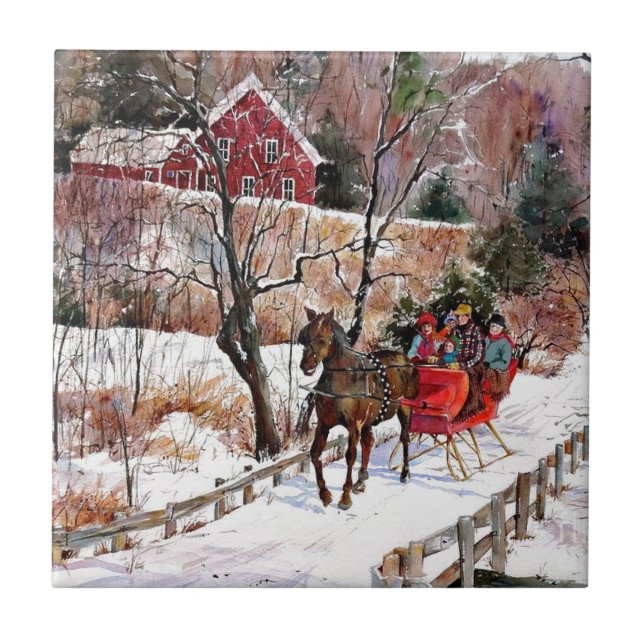 Antikes Winterpferd und Schlitten Fliese (Vorderseite)