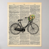 Antikes Wörterbuch-Wandkunst-Fahrrad mit Blumen