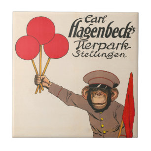 Antikes Zirkusplakat eines Affen, der Luftballons  Fliese