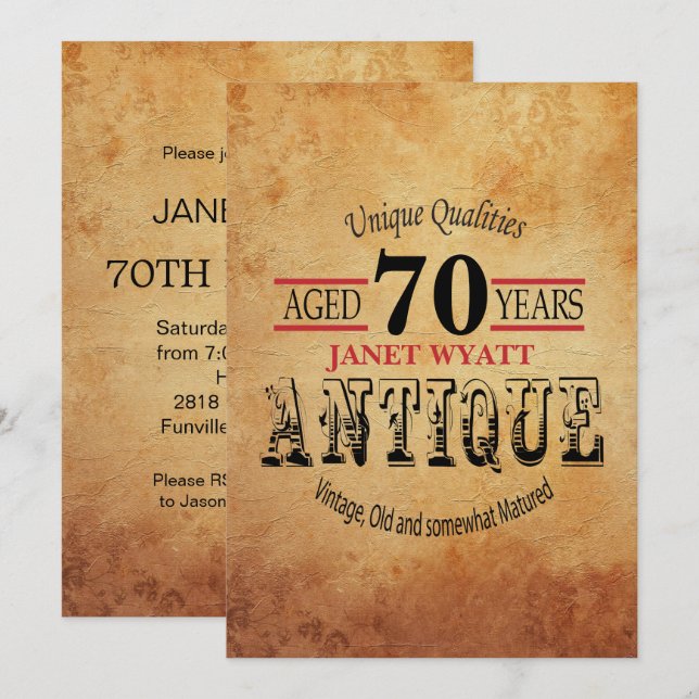 Antique 70. Geburtstag Einladung (Vorne/Hinten)