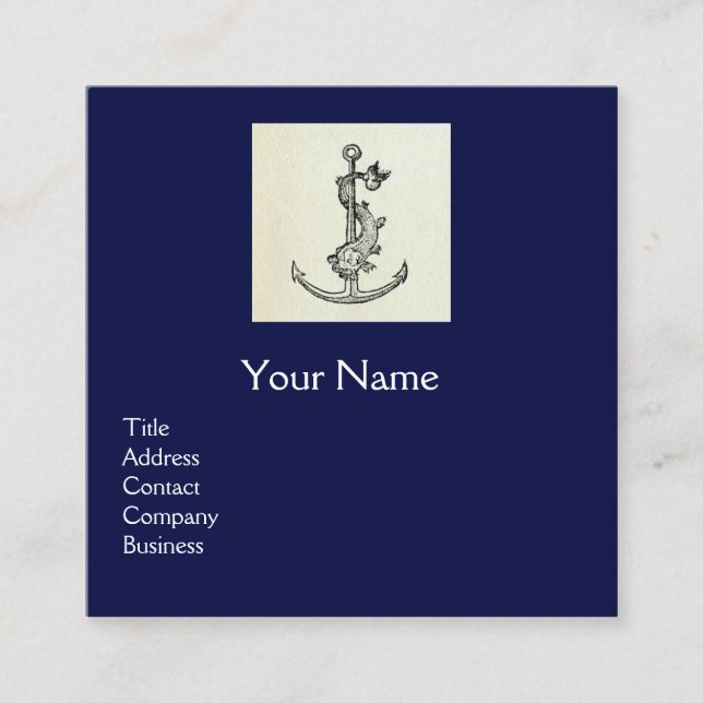 ANTIQUE ANCHOR & FISH NAUTICAL Navy Blue Monogram Quadratische Visitenkarte (Vorderseite)