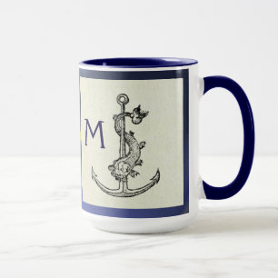 ANTIQUE ANCHOR & FISH NAUTICAL Navy Blue Monogram Tasse