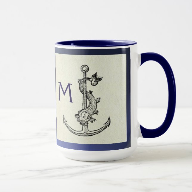 ANTIQUE ANCHOR & FISH NAUTICAL Navy Blue Monogram Tasse (Rechts)