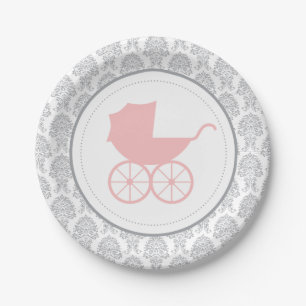 Antique Baby Carriage Elegante Damask   Babyparty Pappteller