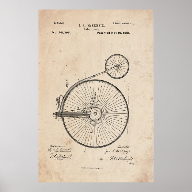 Antique Bicyclette Brevet Imprimer Poster (Devant)