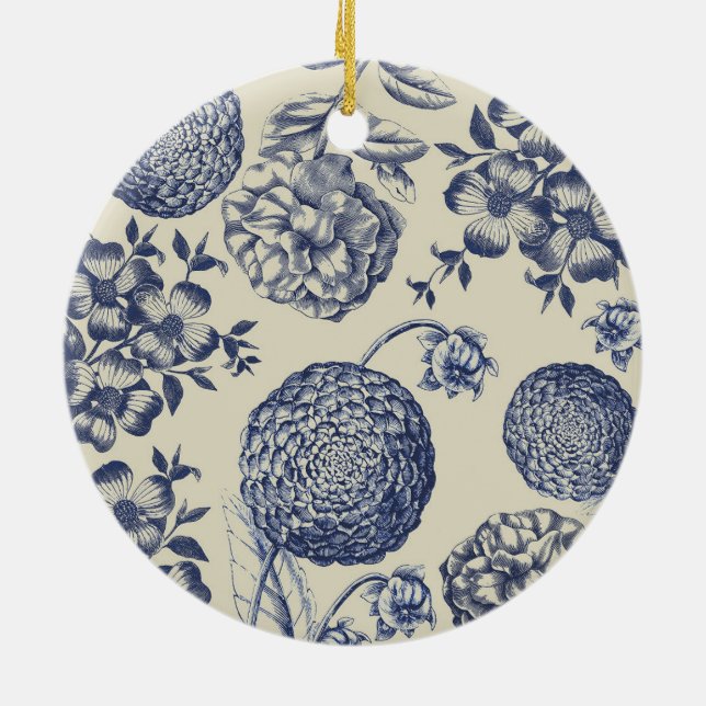 Antique Blue Flower Print Floral Keramik Ornament (Hinten)