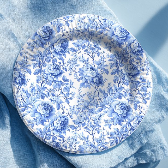 Antique Blue French Toile Roses Floral Paper Plate Pappteller (Antique Blue French Toile Roses Floral Paper Plates)