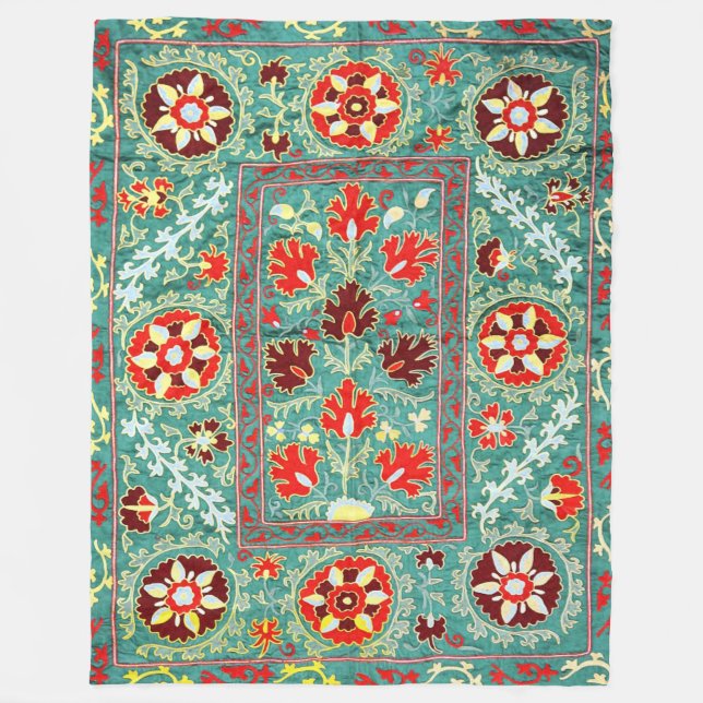 ANTIQUE BLUE RED WHITE FLORAL UZBEK EMBROIDERY FLEECEDECKE (Vorderseite)