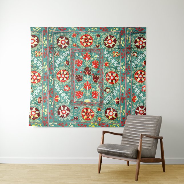 ANTIQUE BLUE RED WHITE FLORAL UZBEK EMBROIDERY WANDTEPPICH (Beispiel (Horizontal))