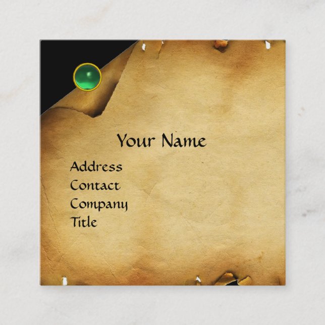 ANTIQUE BROWN PARCHMENT, GREEN GEM STONE MONOGRAM QUADRATISCHE VISITENKARTE (Vorderseite)