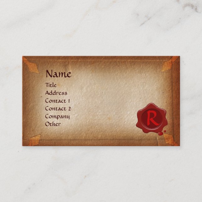ANTIQUE BROWN PARCHMENT, ROTES WAX SIEGEL MONOGRAM VISITENKARTE (Vorderseite)