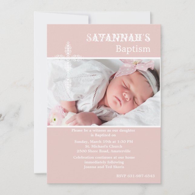 Antique Cross Blush Photo Invitation religieuse (Devant)