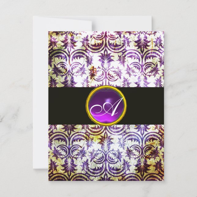 ANTIQUE DAMASK MONOGRAM, schwarz lila, Champagner Einladung (Vorderseite)