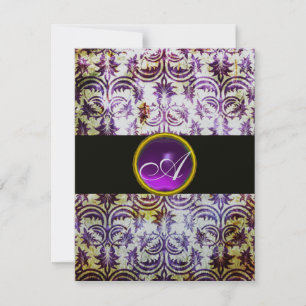ANTIQUE-DAMASK-MONOGRAMM,Schwarz-weiß lila,silber Einladung