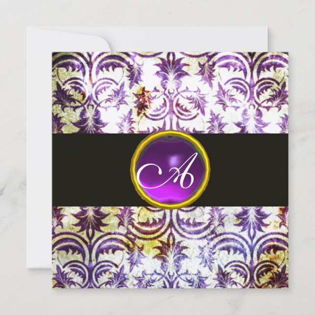 ANTIQUE-DAMASK-MONOGRAMM,Schwarz-weiß lila,silber Einladung (Vorderseite)