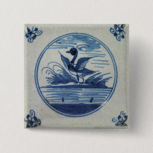 Antique Delft Blue Tile - Ente im Wasser Button