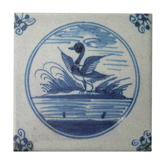 Antique Delft Blue Tile - Ente im Wasser Fliese (Vorderseite)