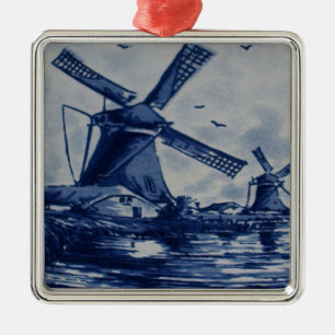Antique Delft Blue Tile - Windmühlen am Wasser Silbernes Ornament