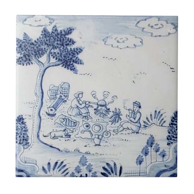 Antique Delft Tile-Pastoral Scene-Blue & White-19 Fliese (Vorderseite)