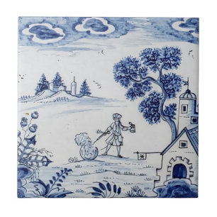 Antique Delft Tile-Pastoral Scene-Blue & White-2 Fliese