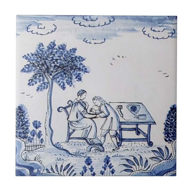 Antique Delft Tile-Pastoral Scene-Blue & White 9 Fliese (Vorderseite)
