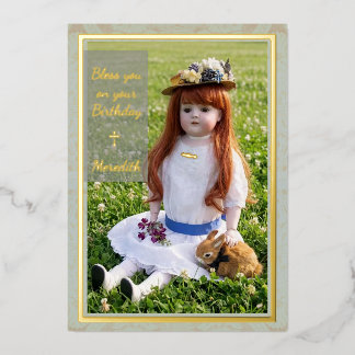 Antique Doll Flat Foil Birthday Card Folien Feiertagskarte