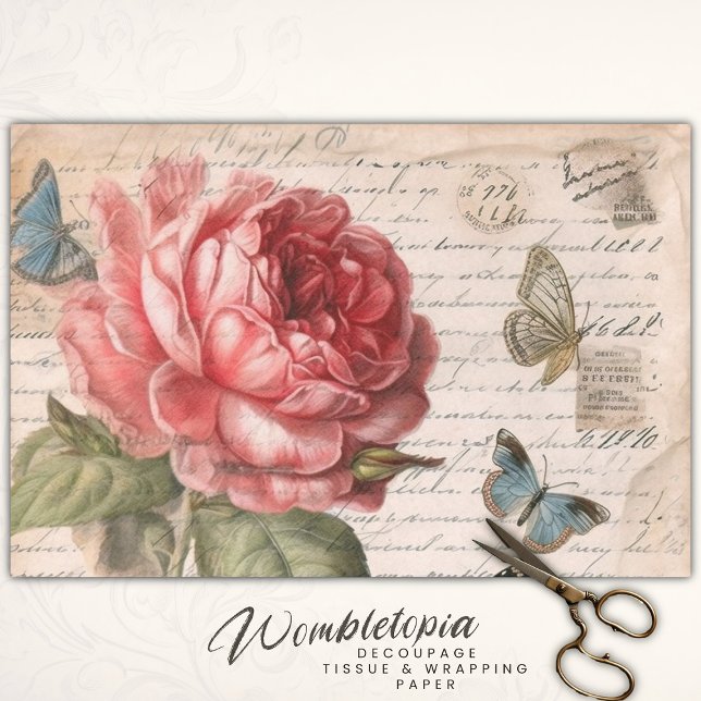 Antique Elegance Rose und Schmetterlingsdekoupage Seidenpapier (Von Creator hochgeladen)