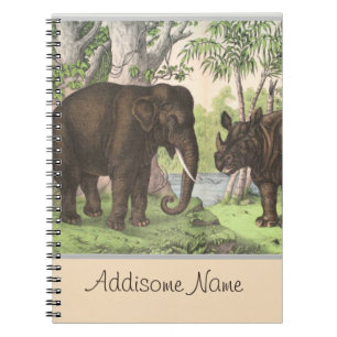 Antique Elephant Rhino im Dschungeldruckbuch Notizblock