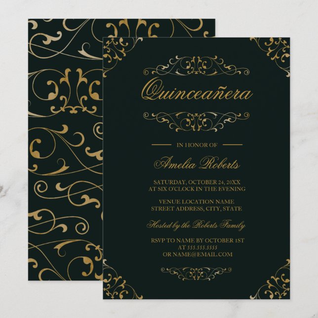 Antique Emerald Gold Blüh Quinceanera Einladung (Vorne/Hinten)