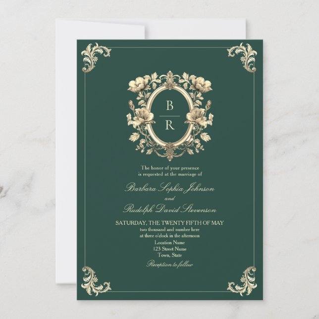 Antique Emerald Green Wedding Einladung (Vorderseite)